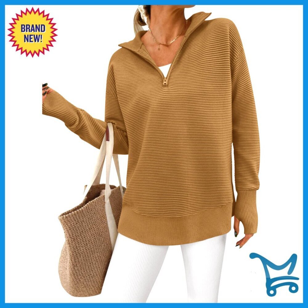 Long Sleeve Quarter Zip Pullover Sweater Ribbed Knit Loose Fit Thumb Hole